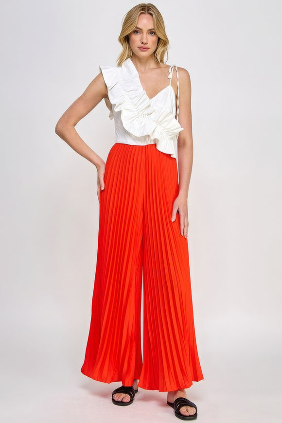 MILK & HONEY Asymmetrical Ruffle Detail Pleated Bottom Jumpsuit