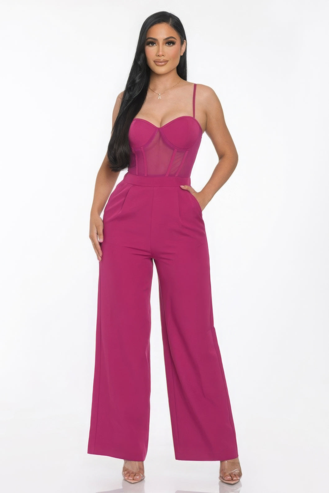 CAPSULLE Mesh Insert Cup Wide Leg Jumpsuit