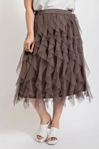 GIGIO Ruffled Tulle Midi Skirt With Elastic Waist Band