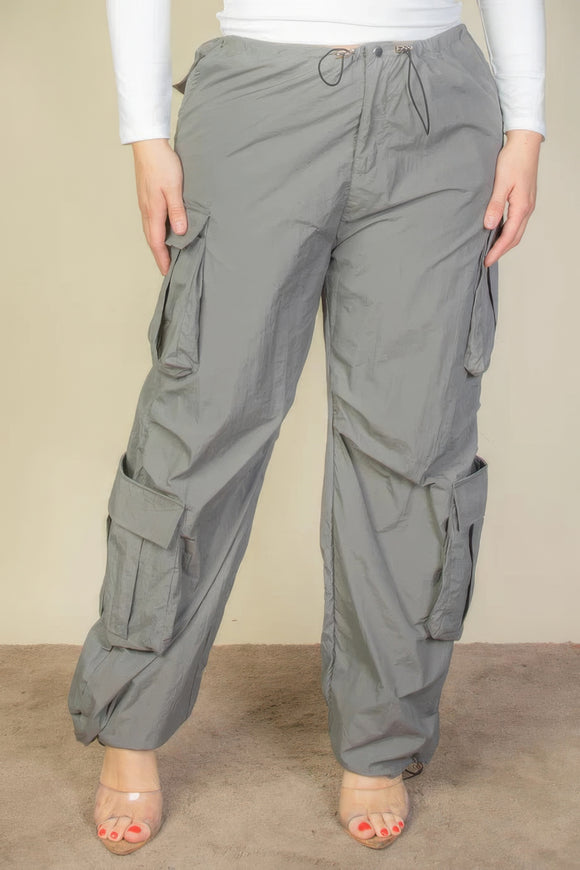 CAPELLA APPAREL Plus Size Flap Pockets Drawstring Ruched Parachute Pants