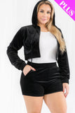 CAPELLA APPAREL Plus Size Velour Crop Zip Up Hoodie And Shorts Set