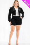 CAPELLA APPAREL Plus Size Velour Crop Zip Up Hoodie And Shorts Set