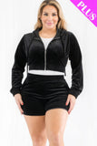 CAPELLA APPAREL Plus Size Velour Crop Zip Up Hoodie And Shorts Set