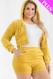 CAPELLA APPAREL Plus Size Velour Crop Zip Up Hoodie And Shorts Set