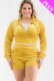 CAPELLA APPAREL Plus Size Velour Crop Zip Up Hoodie And Shorts Set