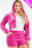 CAPELLA APPAREL Plus Size Velour Crop Zip Up Hoodie And Shorts Set