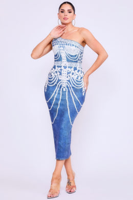 HER BOTTARI One Shoulder Denim Print Dress