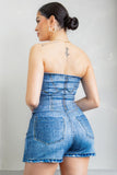 HER BOTTARI Denim Effect Corset Top & Bottom Set