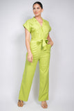 IRIS DESIGN Belted Button-down Linen Jumpsuit