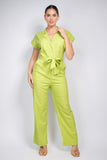 IRIS DESIGN Belted Button-down Linen Jumpsuit