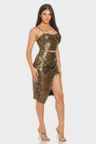 JULIA Pu Cheetah Print Top & Front Wrap Slit Skirt Set