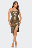 JULIA Pu Cheetah Print Top & Front Wrap Slit Skirt Set