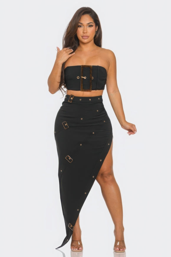 JULIA Front Eyelet Buckle Belt Top And Skirt Set