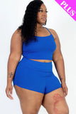 CAPELLA APPAREL Plus Size Ribbed Cami Crop Top & Ruched Shorts Set