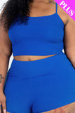 CAPELLA APPAREL Plus Size Ribbed Cami Crop Top & Ruched Shorts Set