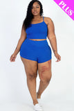 CAPELLA APPAREL Plus Size Ribbed Cami Crop Top & Ruched Shorts Set