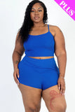 CAPELLA APPAREL Plus Size Ribbed Cami Crop Top & Ruched Shorts Set