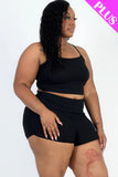 CAPELLA APPAREL Plus Size Ribbed Cami Crop Top & Ruched Shorts Set