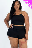 CAPELLA APPAREL Plus Size Ribbed Cami Crop Top & Ruched Shorts Set