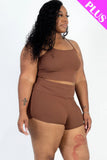 CAPELLA APPAREL Plus Size Ribbed Cami Crop Top & Ruched Shorts Set