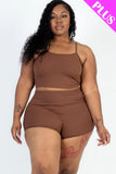 CAPELLA APPAREL Plus Size Ribbed Cami Crop Top & Ruched Shorts Set