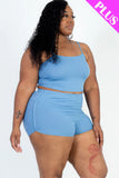 CAPELLA APPAREL Plus Size Ribbed Cami Crop Top & Ruched Shorts Set