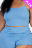 CAPELLA APPAREL Plus Size Ribbed Cami Crop Top & Ruched Shorts Set