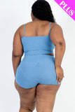 CAPELLA APPAREL Plus Size Ribbed Cami Crop Top & Ruched Shorts Set