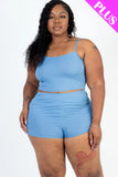 CAPELLA APPAREL Plus Size Ribbed Cami Crop Top & Ruched Shorts Set