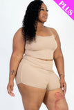 CAPELLA APPAREL Plus Size Ribbed Cami Crop Top & Ruched Shorts Set