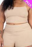 CAPELLA APPAREL Plus Size Ribbed Cami Crop Top & Ruched Shorts Set