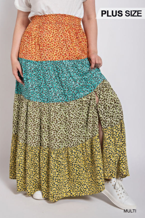 GIGIO Ditsy floral color block skirt with front slit