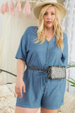 MAIN STRIP Short Sleeve Collar V Neck Waist Elastic Side Pocket Button Down Knit Romper