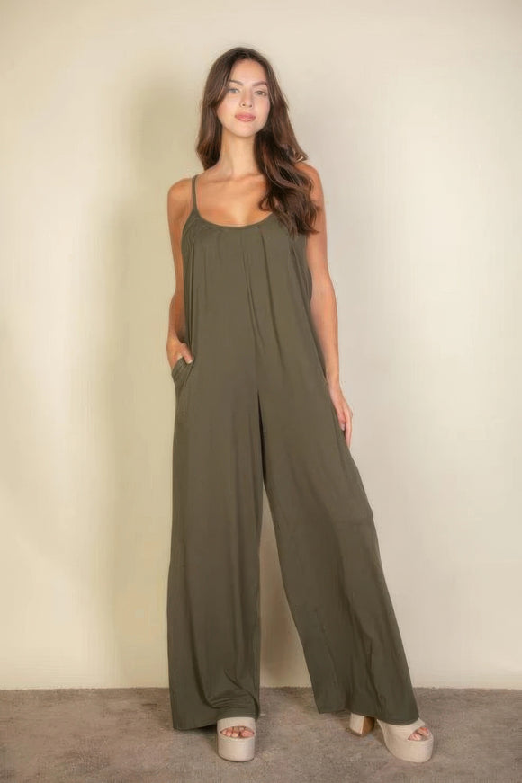 CAPELLA APPAREL Spaghetti Strap Solid Wide Jumpsuit