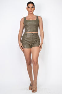 IRIS DESIGN Faux Leather Cargo Mini Shorts