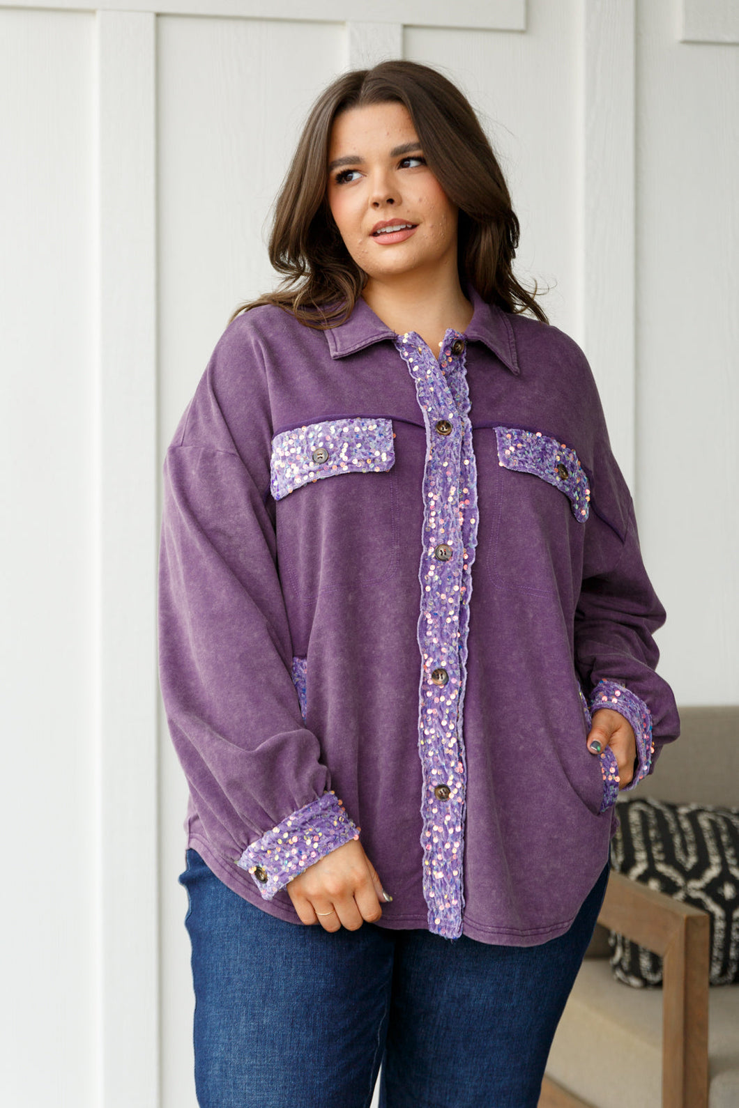 WHITE BIRCH Chaos of Sequins Shacket in Purple