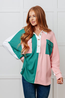 ONE ELEVEN NORTH Chip Off the Old Colorblock V-Neck Henley in Green