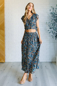 One Eleven North Flutter of Florals V-Neck Crop and Skirt Set