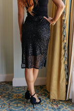 Load image into Gallery viewer, Knee Length Sequin Skirt in Black Back