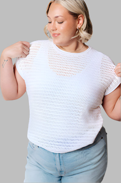 Open Knit Cap Sleeve Sweater Front