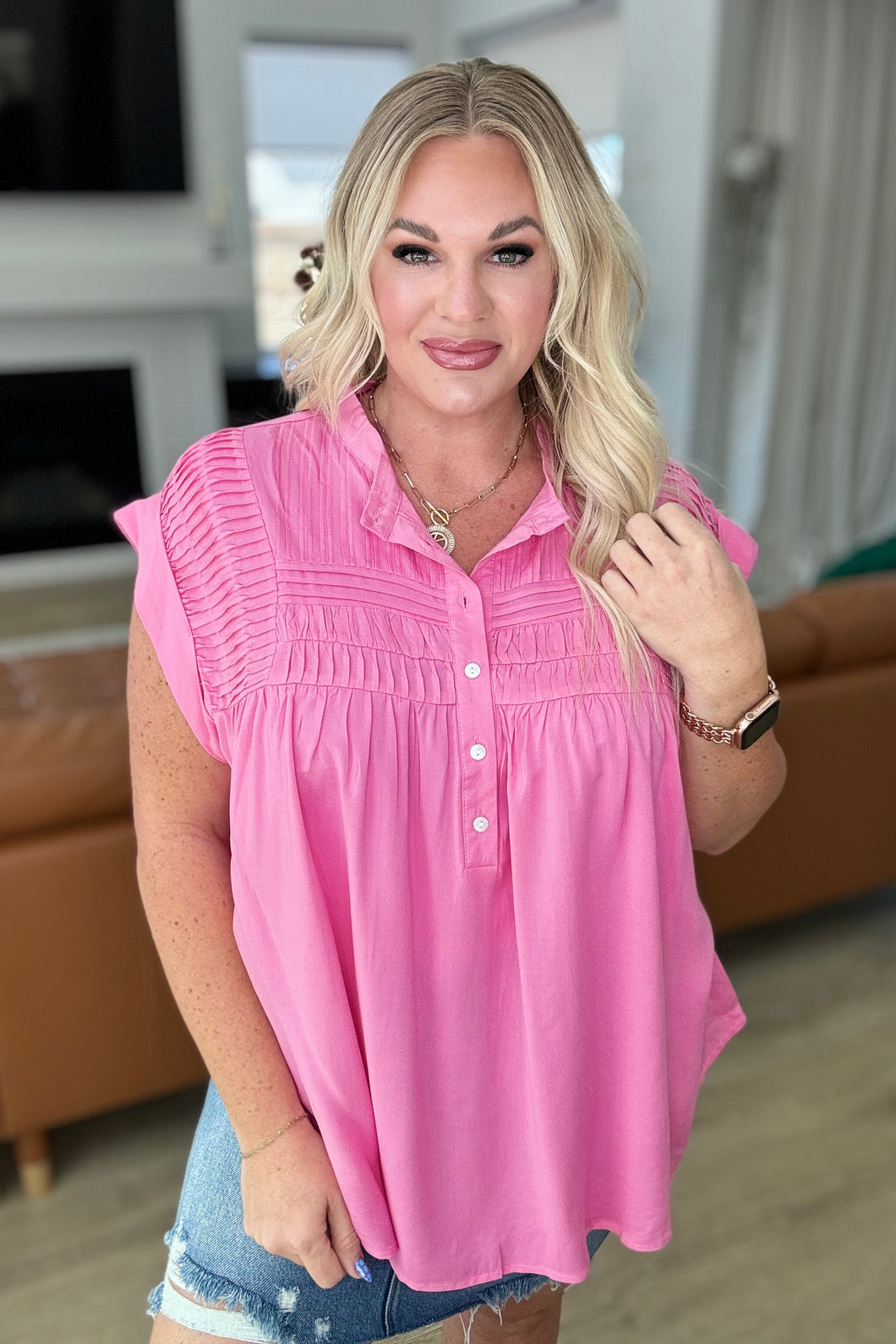 ANDREE BY UNIT Pleat Detail Button Up Blouse in Pink Cosmos