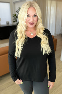 ZENANA Relaxed Fit Long Sleeve V-Neck Top in Black