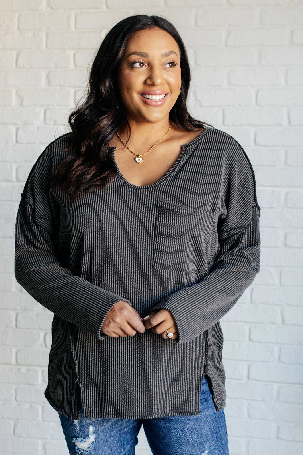 Haptics Sorta Ribbed Top in Charcoal