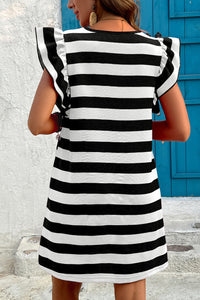 Black Stripe Flutter Sleeve Dress