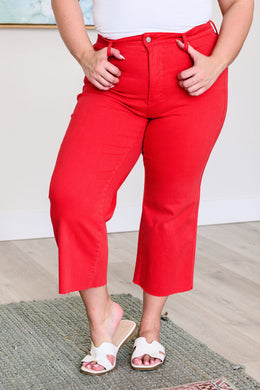 Judy Blue Lisa High Rise Control Top Wide Leg Crop Jeans in Red