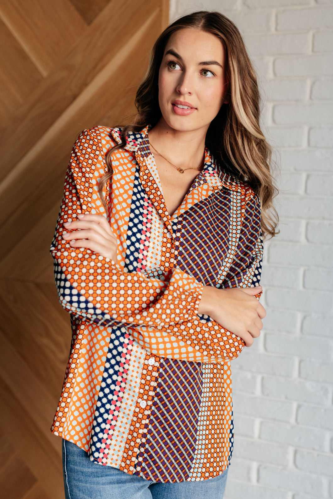 One Eleven North Moderately Mod Polka Dot Button Up Top