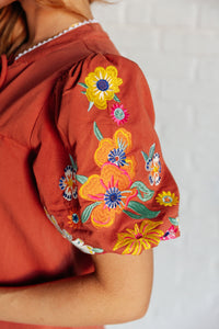 One Eleven North No Concerns Embroidered Sleeve Blouse