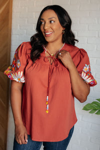 One Eleven North No Concerns Embroidered Sleeve Blouse