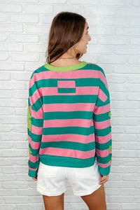ONE ELEVEN NORTH Stars On Stripes Patchwork Striped Sweatshirt