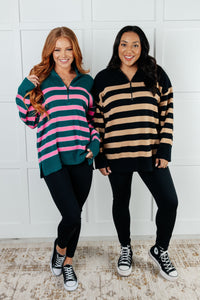 ONE ELEVEN NORTH Well Situated Striped Quarter Zip Sweater in Green and Pink